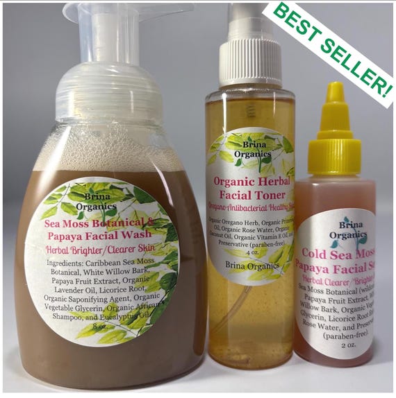 Sea Moss Skincare Bundle: Herbal Facial Wash, Toner, and Serum, Brina Organics