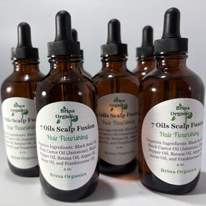 7 Oils Scalp Fusion Scalp Massing Oil, Hair Flourishing in glass-tinted bottles, Brina Organics