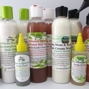 May include: A collection of ten bottles of organic hair care products. The bottles are labeled with the brand name "Brina Organics" and feature various ingredients, including sea moss, hibiscus flowers, and spirulina. The products are designed to promote hair growth, prevent hair loss, and strengthen hair.