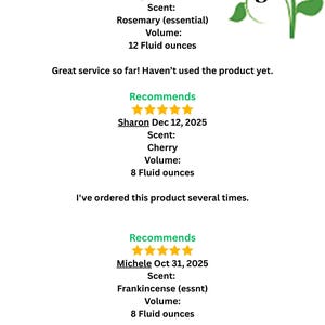 May include: A Brina Organics logo with a green plant graphic and three customer reviews. Each review displays a five-star rating, customer name, date, scent, and volume in fluid ounces, followed by written feedback from Cindy, Sharon, and Michele.