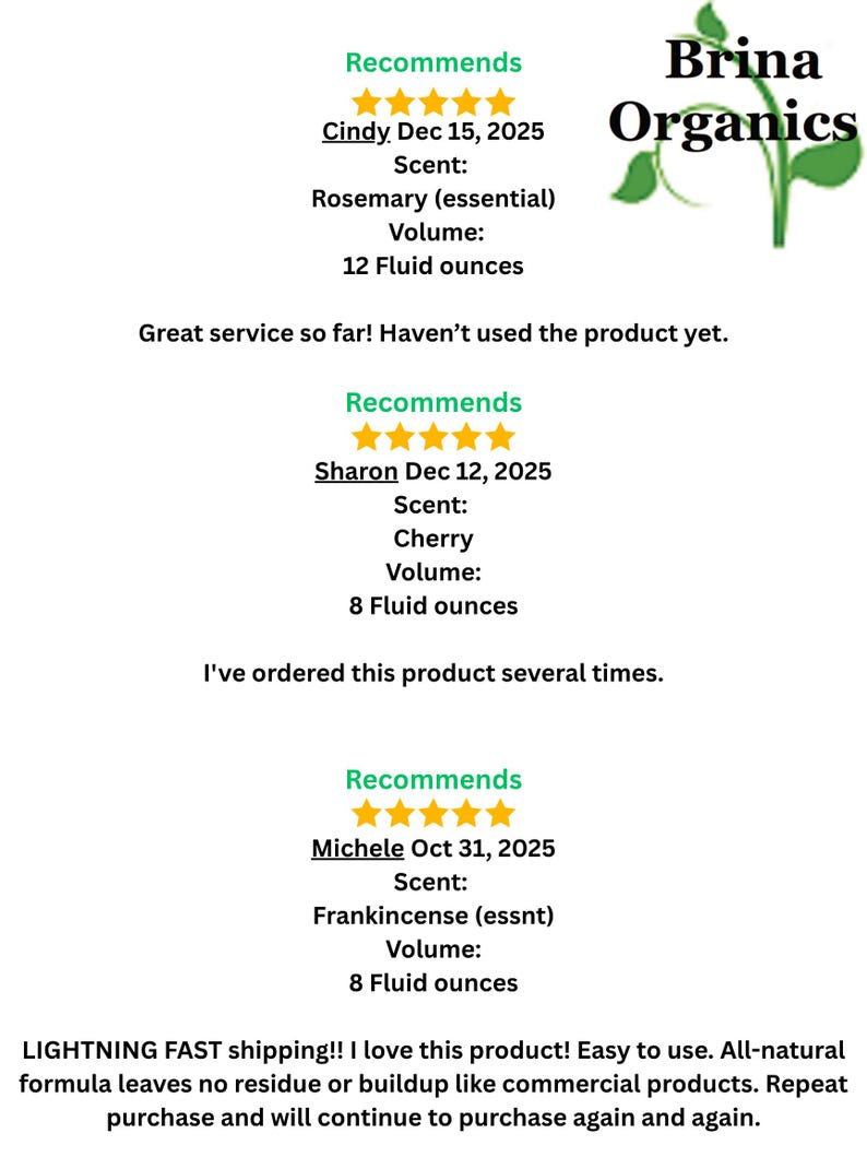 May include: A Brina Organics logo with a green plant graphic and three customer reviews. Each review displays a five-star rating, customer name, date, scent, and volume in fluid ounces, followed by written feedback from Cindy, Sharon, and Michele.