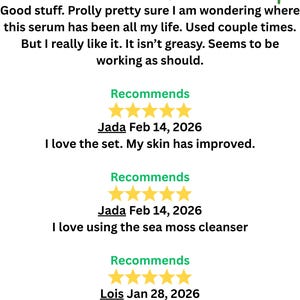 May include: Image shows customer testimonials for Brina Organics skincare products. Reviews include star ratings and comments about the serum, sea moss cleanser, and the set. The Brina Organics logo is visible in the top right corner.