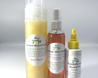 Pack de cuidado natural de barba para hombre: aceite de sándalo, gel de baño y loción para después del afeitado - Brina Organics