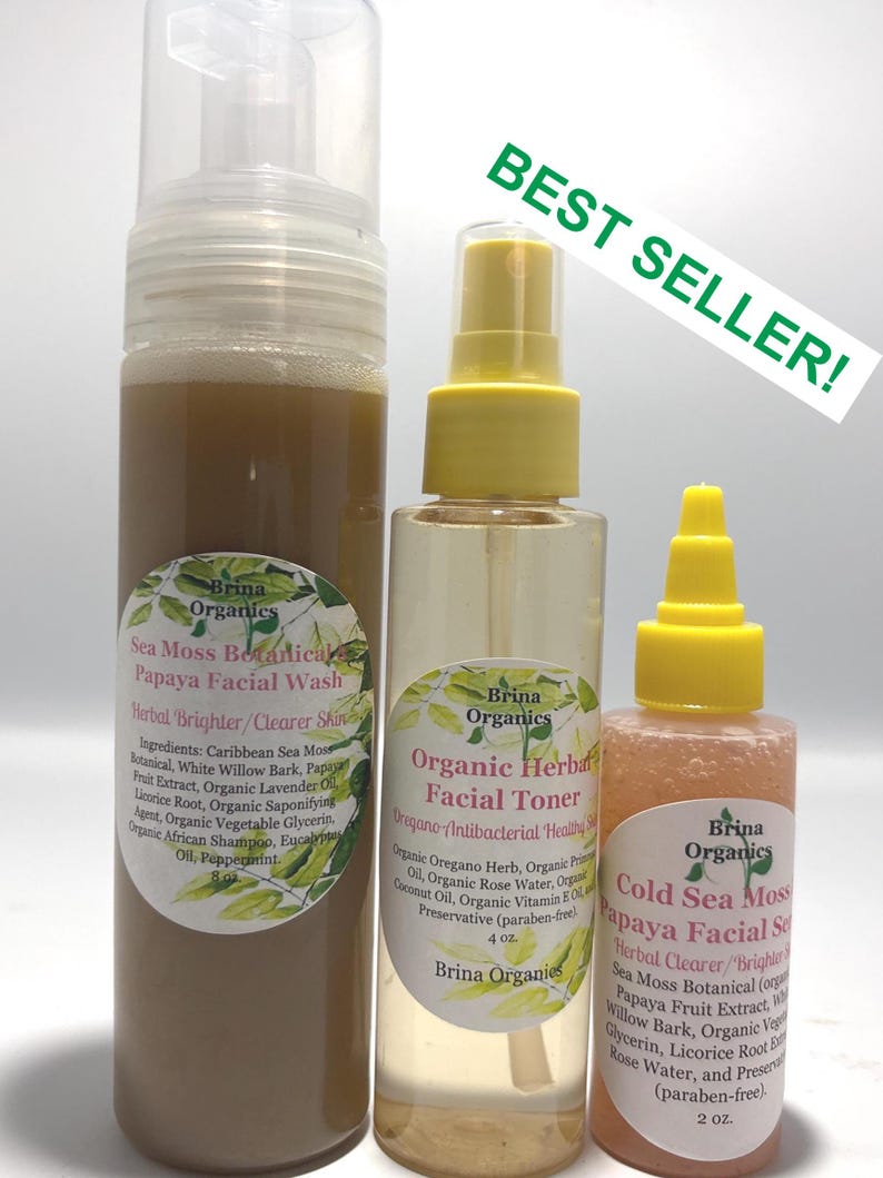 May include: Three bottles of Brina Organics skincare products. The bottles are labelled "Sea Moss Botanical Papaya Facial Wash", "Organic Herbal Facial Toner", and "Cold Sea Moss Papaya Facial Serum". The text "BEST SELLER!" is in the upper right corner.