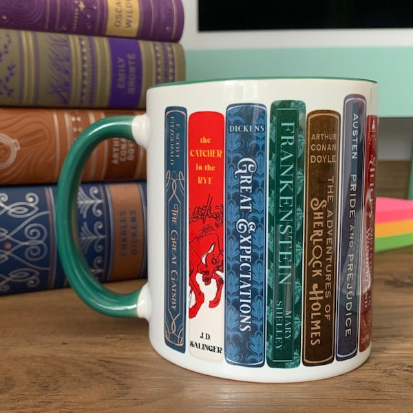 Classic Books Mug | Literary Classics Bookshelf Ceramic Bookish Mug | Jane Austen, Sherlock Holmes, Charles Dickens, Alice in Wonderland