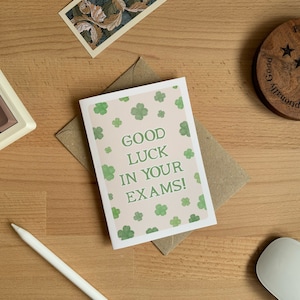 Bonne chance pour vos examens | trèfle à quatre feuilles carte de voeux | GCSE, A-Level, Uni Card | Carte de voeux A6 | Carte de voeux personnalisée