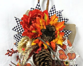 Fall Sunflower Door Swag: Pumpkin, Gourd, Pine Cone & Burlap