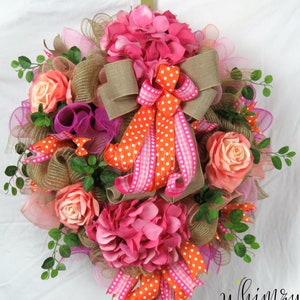 Deco Mesh Rose & Hydrangea Wreath, Pink Floral Door Decor