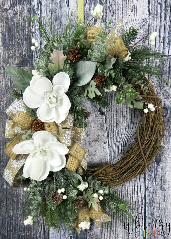 Wreath For Front Door Winter Wreath Magnolia Wreath Winter Etsy