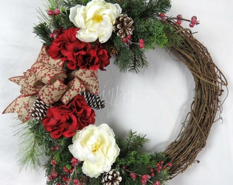 Christmas Wreath for door-Red Christmas Wreath-Farmhouse Christmas Wreath-Rustic Wreath-Christmas Wreath for Front Door-Winter Wreath