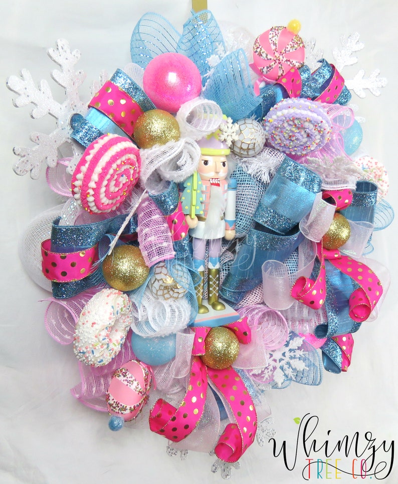 Christmas Wreath front door-Nutcracker Wreath-Candy Wreath-Holiday Wreath-Pink Christmas Wreath-Nutcracker Decor-Holiday Decor-Blue Christma