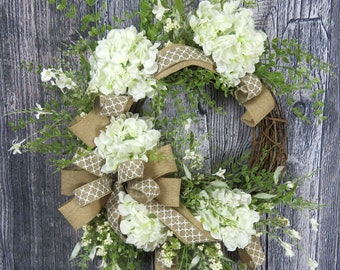 wreath for front door / wreath for year round / Hydrangea wreath / spring wreath / Summer Wreath / white door wreath / farmhouse wreaths
