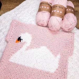 Pode incluir: Camisola de bebé de crochet rosa com um design de cisne branco. A camisola é feita com fio Paintbox Yarns Worsted Cotton.