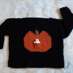 Crochet Sweater Pattern Crochet Kid’s Pullover The Pumpkin Pouch Pullover with Mini Ghost Crochet Pattern PDF