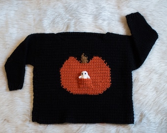 Crochet Sweater Pattern Crochet Kid’s Pullover The Pumpkin Pouch Pullover with Mini Ghost Crochet Pattern PDF