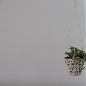 May include: A hanging plant in a beige crochet pot. The pot is suspended by three white cords. The plant has green and white leaves. The background is a white wall.
