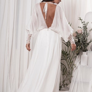 Zalia | Simple wedding dress for the bride | Elegant long sleeve wedding dress | Open Back Wedding Dress | Split slit Bridal