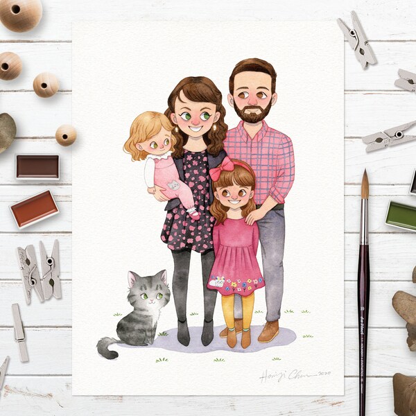 Custom Family Portrait - Hand Painted Watercolor Illustration, Wedding Couple, Pet, Baby, Child, Children's Book Style Commission Art