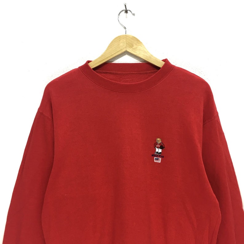 Vintage WORLD BEAR Red Crewneck Sweatshirt Sweater Jumper Polo Bear Basketball