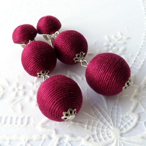 Dark Red Bon Bon Earrings Les bonbons earrings Pom Pom Earrings Ball drop Long earrings Long fringe lightweight earrings Cotton Thread balls