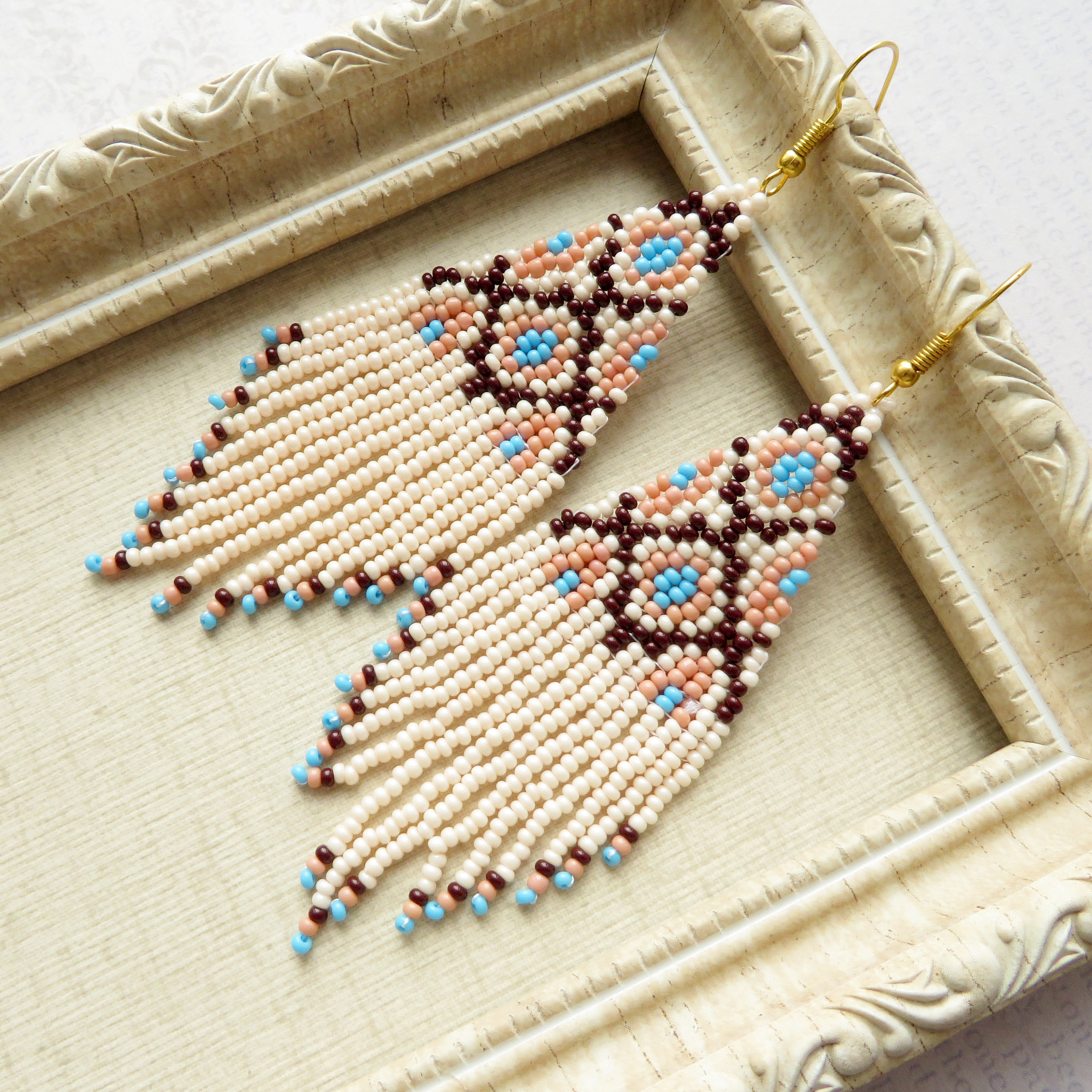 Native Beaded Earrings Long Beige Blue Seed Bead Earrings Multicolored ...