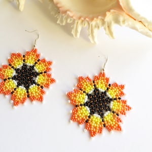 Orange flower earrings Huichol earrings Native Mexican earrings Seed bead earrings Beaded flowers Yellow earrings Mexico Ombre bead earrings