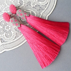 Long Pink silk tassel earrings Beaded tassel earrings Bright clip on earrings Oscar earrings Seed bead earrings Silver Stud tassel earrings