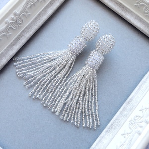 Silver beaded tassel earrings Oscar de la Renta style earrings Dangle Fringe earrings Clip on statement long tassel earrings Oscar earrings