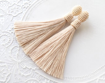 Ivory silk tassel Beaded tassel earrings Stud tassel earrings Long Oscar earrings Ecru clip tassel Cream earrings Seed bead beige earrings