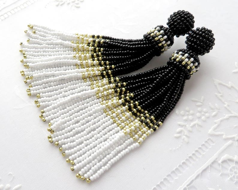 Black White Gold earrings Seed Beaded tassel earrings Oscar de la Renta style Long tassel Clip on earrings Statement Shiny Drop earrings