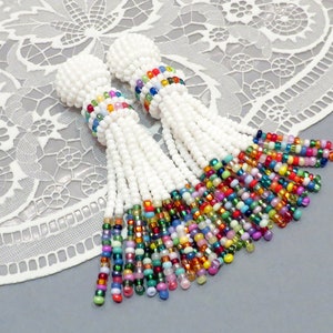 White beaded tassel earrings Multicolor clip earrings Rainbow stud seed bead earrings Oscar de ra renta earrings Boho Statement Black tassel