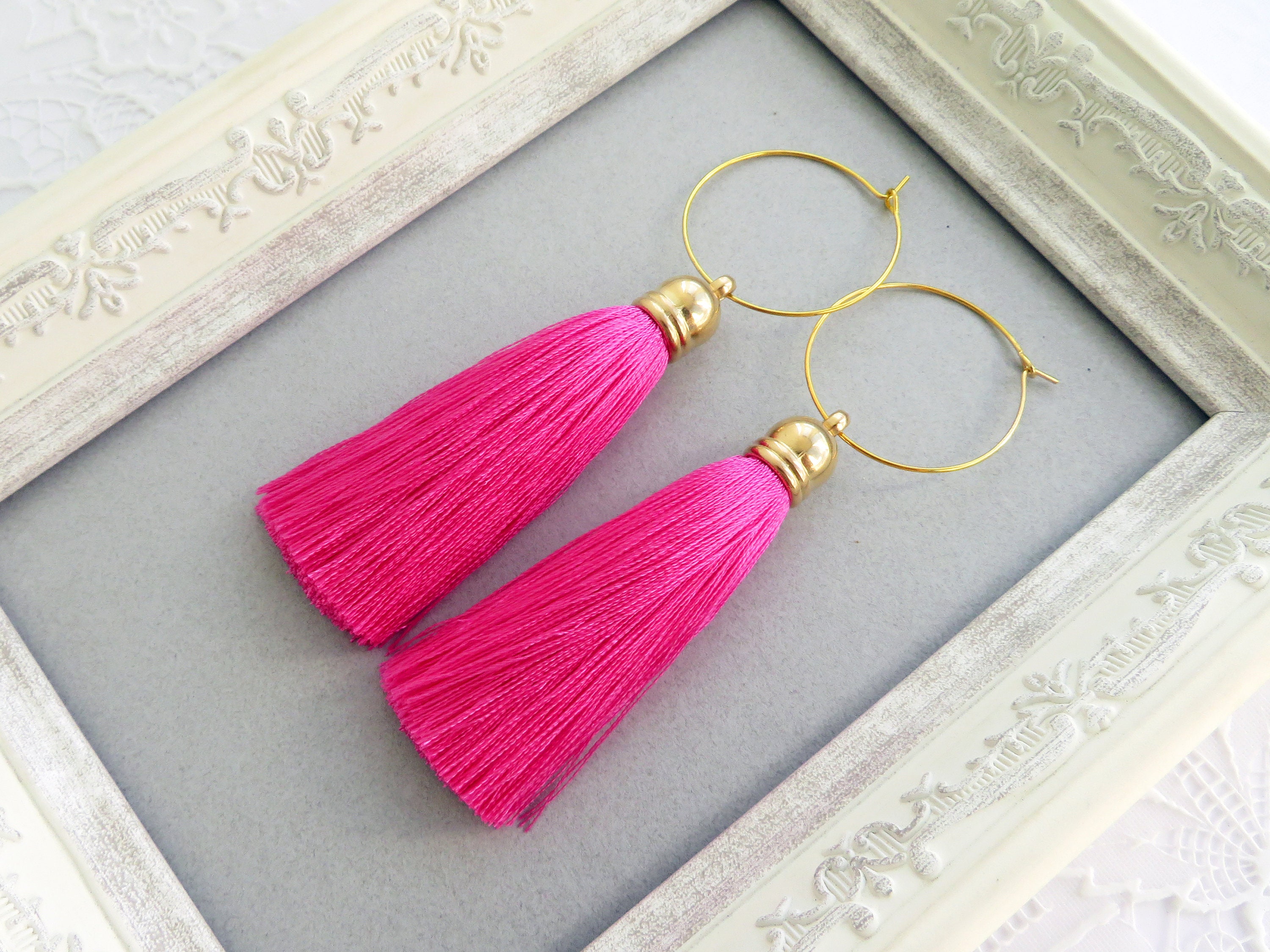 Magenta tassel earrings deals
