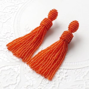 Long Orange earrings Oscar beaded tassel earrings Oscar de la Renta stud earrings Seed beads earrings Statement earrings Celebrity jewelry