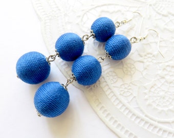 Dark Blue Bon Bon earrings Long Blue earrings Ball drop Pom Pom Earrings Les bonbons Earrings Thread fringed earrings Ball dangle earrings