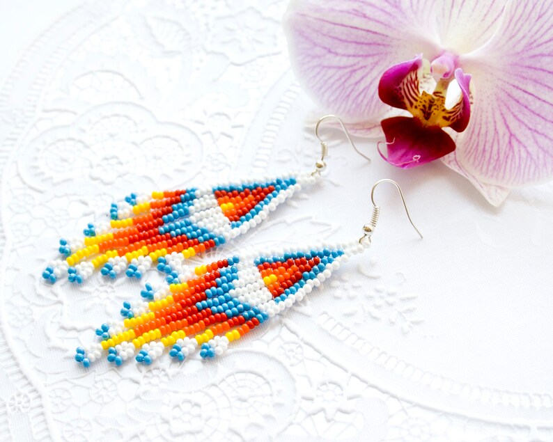 Rainbow earrings Long beaded earrings Long fringe earrings American Indian style jewelry Seed bead Cheap gifts Love gift Birthday gift image 4