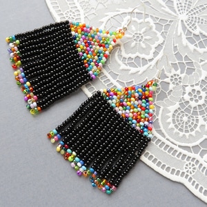 Multicolor earrings Colorful beaded tassel earrings Rainbow seed bead earrings Oscar de ra renta earrings Black tassel Statement earrings