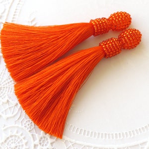 Orange earrings Long silk earrings Silk Beaded Tassels Jewelry Orange Clip on tassels earrings Oscar de la renta earrings Beadwork earrings