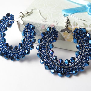 Navy Crystal Beaded hoop earrings Statement earrings Seed bead earrings Navy round earrings Big Crystal earrings Beaded Dark Blue Earrings