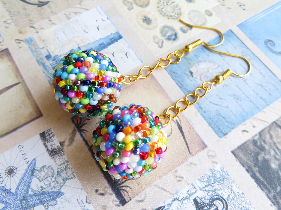 Beaded Ball Earrings Statement Earrings Beads Ball Drop Etsy
