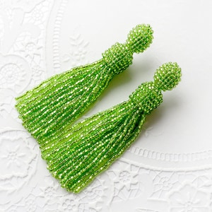 Long Green earrings Green beaded tassel earrings Oscar de la Renta stud earrings Seed beads earrings Statement earrings Celebrity jewelry