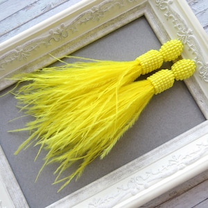 Hot Yellow Fringe Ostrich Feather Earrings Long Beaded tassel earrings Seed bead Biege earrings Oscar earrings Lemon clip on tassel earrings