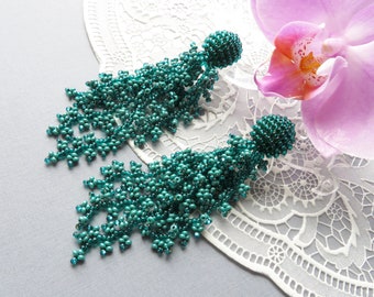 Long emerald tassel earrings Coral green earrings Statement earrings Seed beads earrings Dangle Wedding earrings Beaded clip on earrings