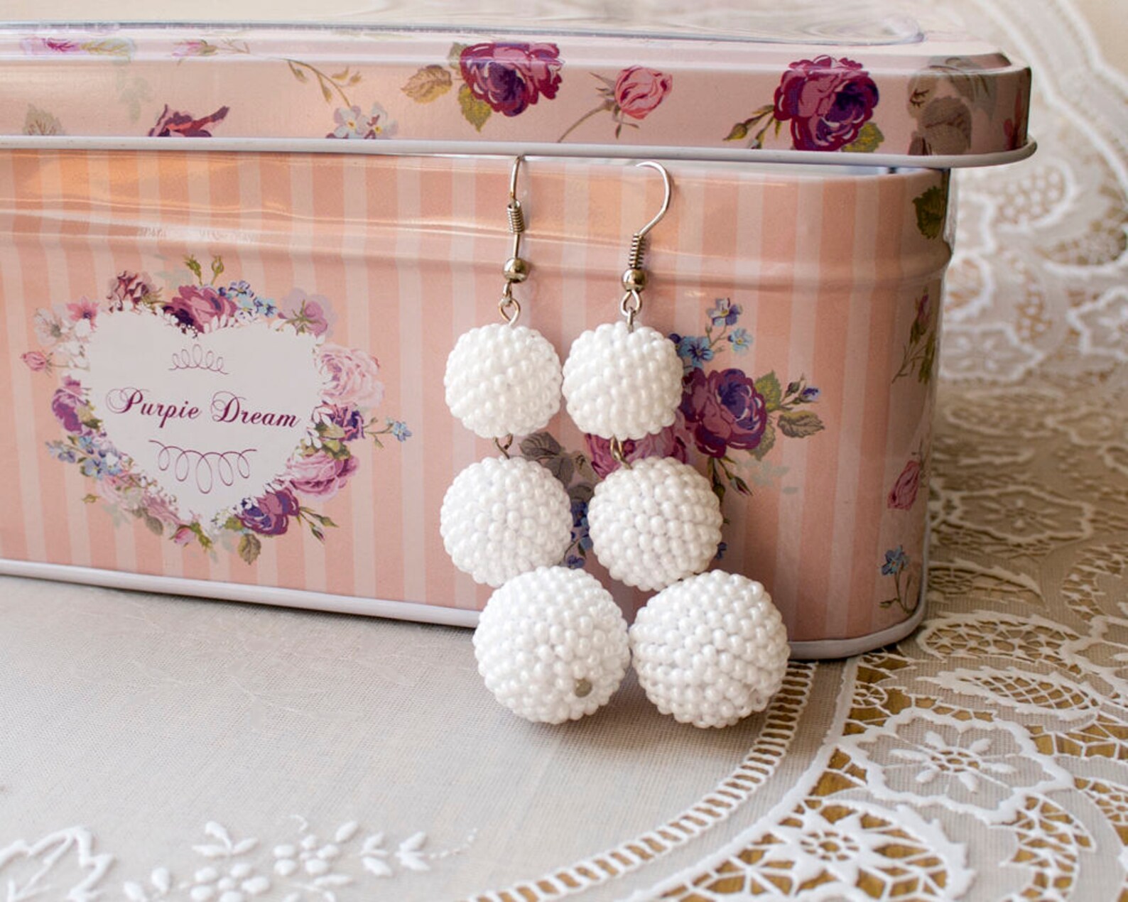 Bon Bon Earrings White Ball Drop Earrings Long Seed Beaded Etsy