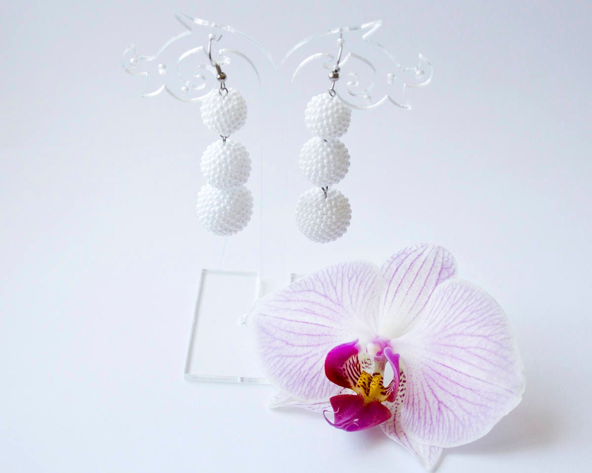 Bon Bon Earrings White Ball Drop Earrings Long Seed Beaded Etsy