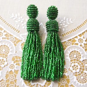 Long Green beaded tassel earrings Short Clip beaded earrings Oscar de la Renta earrings Seed bead Green earrings Statement Celebrity jewelry