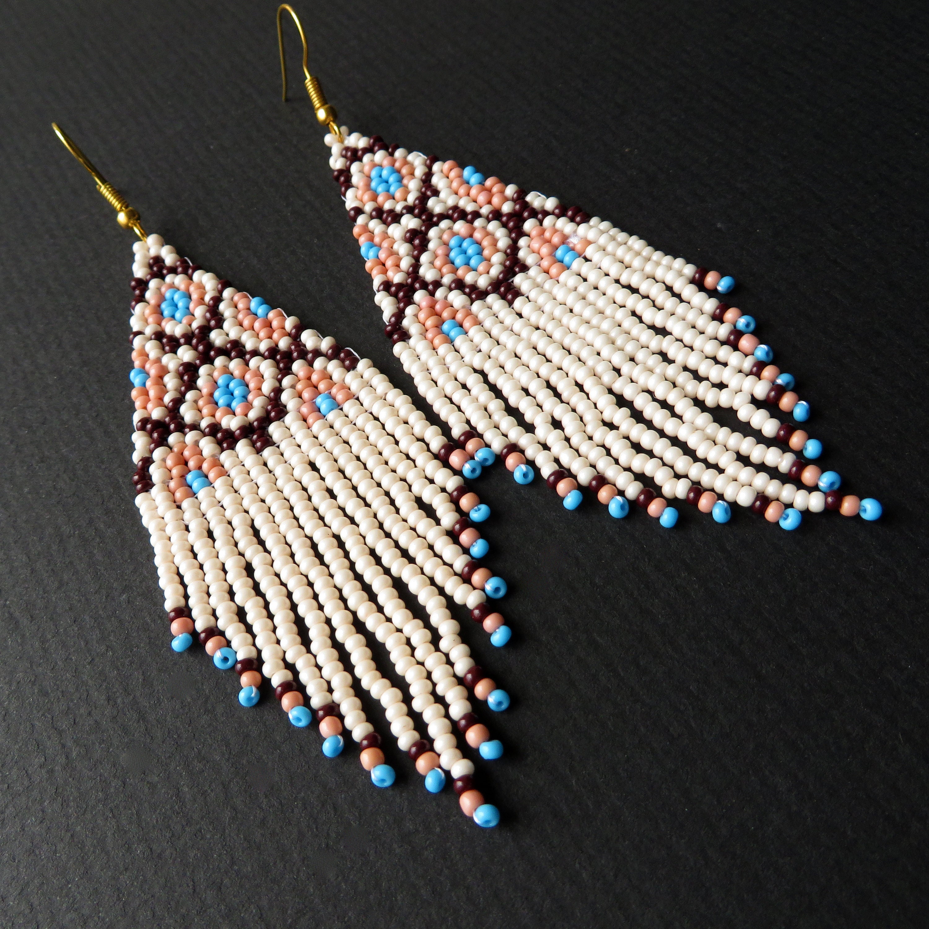 Native Beaded Earrings Long Beige Blue Seed Bead Earrings Multicolored ...