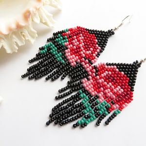 Colorful Flower Earrings Floral Boho style Dangle Earrings Bead tassel Earrings Red Rose Beaded Earrings Black Seed Bead Earrings Huichol