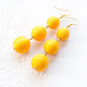Amber Yellow Bon Bon earrings Ball drop Long earrings Les bonbons Earrings Pom Pom Earrings Long fringe earrings Yellow BonBon earrings