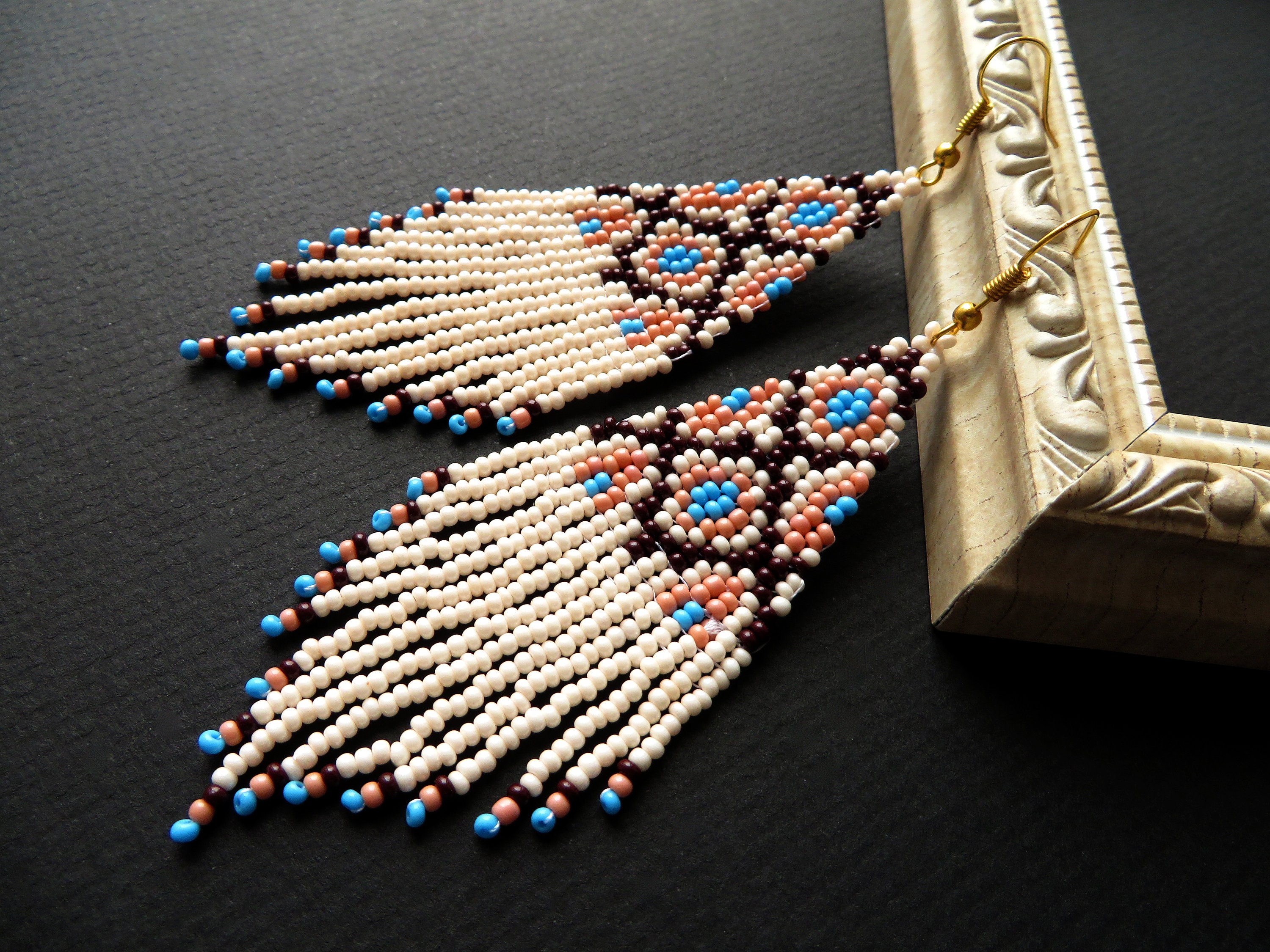 Native Beaded Earrings Long Beige Blue Seed Bead Earrings Multicolored ...