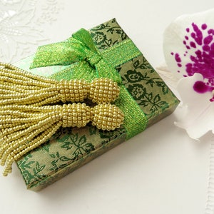 Beaded tassel earrings Short Clip on Seed bead earrings Oscar de la Renta earrings Long Gold tassel Stud earrings Statement Fringe earrings